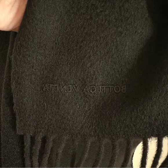 Bottega Veneta Logo Stamped Scarf Black Wool Cashmere Fringe Ends